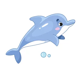 Foto op Canvas Cute blue dolphin. Vector illustration of a sea creature in a cartoon childish style. Isolated funny clipart on white background. cute print. © GreenPencil