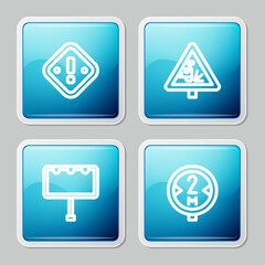 Set line Exclamation mark in triangle, Warning road sign, Billboard with lights and Road traffic icon. Vector