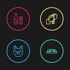 Set line Pig, Muslim man prays, Hands in praying position and Wine bottle with glass icon. Vector