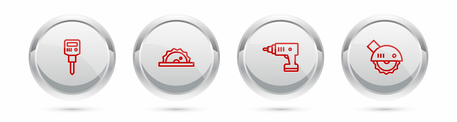 Set line Construction jackhammer, Electric circular saw, cordless screwdriver and . Silver circle button. Vector