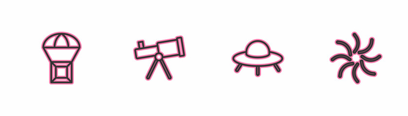 Set line Box flying on parachute, UFO spaceship, Telescope and Black hole icon. Vector