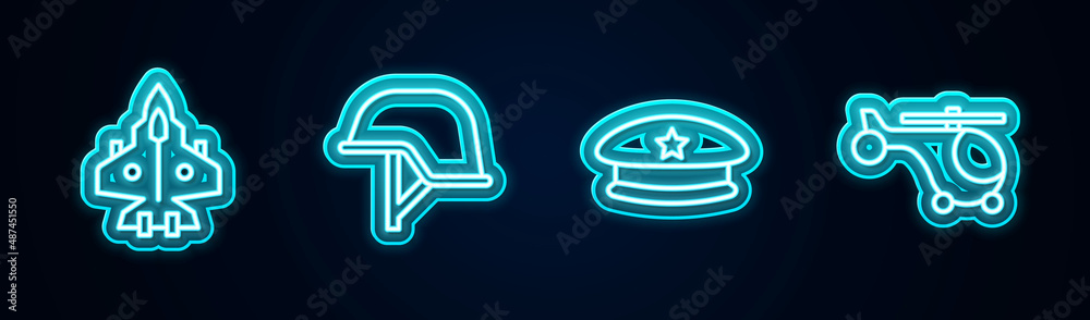 Sticker Set line Jet fighter, Military helmet, beret and Helicopter. Glowing neon icon. Vector