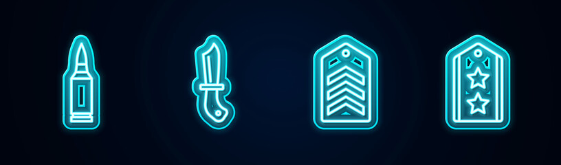 Set line Bullet, Military knife, Chevron and rank. Glowing neon icon. Vector