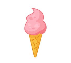 Pink strawberry ice cream in a waffle cone. Vector illustration of children's dessert in cartoon childish style. Isolated funny clipart on white background. cute print.