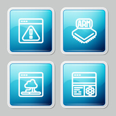 Set line Browser with exclamation mark, Processor, Cloud technology data transfer and Debugging icon. Vector