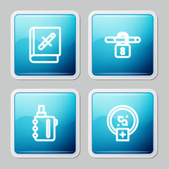 Set line Book with stop cigarette, No smoking, Electronic and Stop money saving icon. Vector