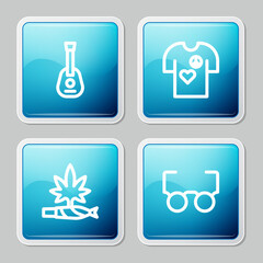 Set line Guitar, Peace t-shirt print stamp, Marijuana joint, spliff and Glasses icon. Vector