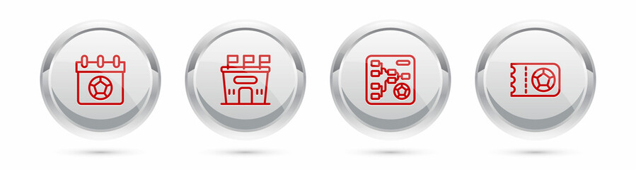 Set line Football or soccer calendar, stadium, Championship tournament bracket and ticket. Silver circle button. Vector