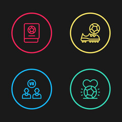 Set line Football or soccer player, Soccer football, shoes and learning book icon. Vector