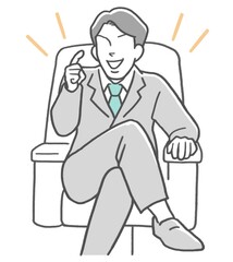 ソファに足を組んで座り自慢気に話すビジネスマン　若い男性