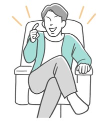 ソファに足を組んで座り自慢気に話す若い男性