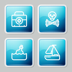 Set line First aid kit, Skull on crossbones, Bottle with message in water and Yacht sailboat icon. Vector