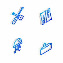 Set Isometric line Flippers for swimming, Paddle, Jellyfish and Submarine icon. Vector