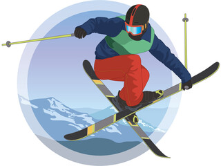 freestyle skiing, aerialist in mid-air with snow covered mountains in background - obrazy, fototapety, plakaty