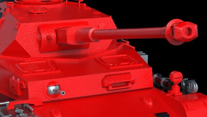 Metallic military red painting tank on flash lighting background. Concept image of power strength, dynamic strategy and strong system. 3D illustration. 3D high quality rendering.  