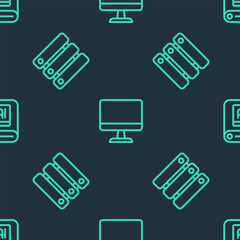 Set line Computer monitor, Server, Data and Artificial intelligence AI on seamless pattern. Vector