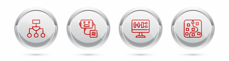 Set line Algorithm, Artificial intelligence robot, and Neural network. Silver circle button. Vector