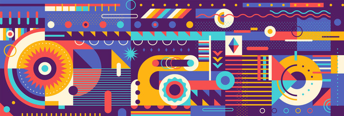 Decorative background design in abstract style with various colorful geometric shapes. Vector illustration.