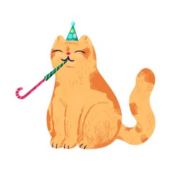 Kawaii cat blow in festive whistle. Cute domestic pet in cone celebrating birthday or holiday isolated on white background. Sticker for celebration party or congratulation. Illustration with texture.