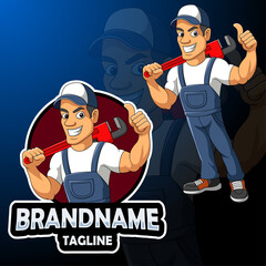 Cartoon plumber mascot design with wrench giving thumb up