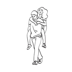 Fototapeta na wymiar line art man carrying his girlfriend on back with piiggyback ride illustration vector hand drawn isolated on white background
