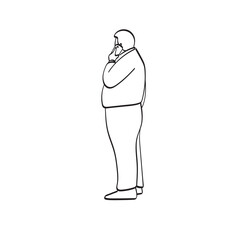 line art full length side view of fat man using smartphone  illustration vector hand drawn isolated on white background