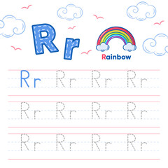 Alphabet worksheet letter R learning with cute rainbow drawing