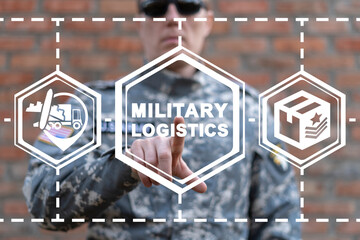 Concept of military logistics. Army goods, products, equipment weapons supply chain and distribution.