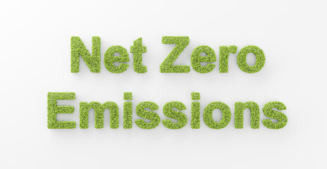 abstract 3D leaves forming Net Zero Emissions text on white background, reduce global CO2 by 2050 policy illustration, green renewable energy technology development for clean future environment
