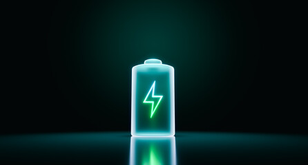 Glowing power neon light futuristic energy storage, high capacity rechargeable lithium ion battery, 3D rendering of future electric vehicle clean energy technology concept