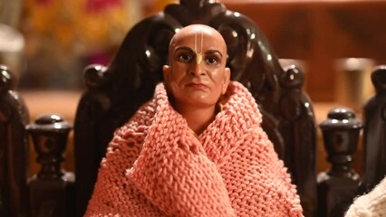 Altar in the Hare Krishna temple, close up. Bhaktivedanta Swami Prabhupada.