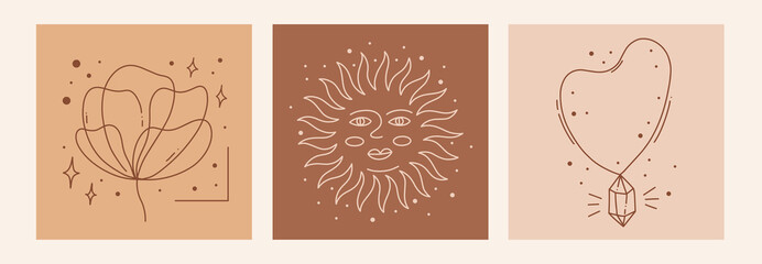 Boho mystic doodle esoteric set. Magic line art poster with diamond, sun, flower. Bohemian modern vector illustration