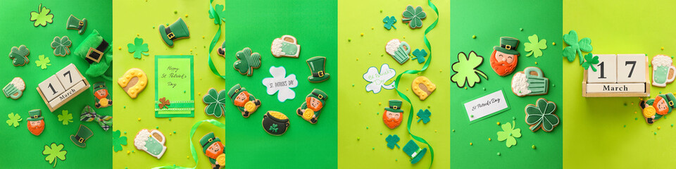 Tasty gingerbread cookies for St. Patrick's Day celebration and calendar with decor on green...