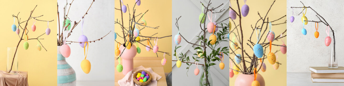Colorful Easter eggs hanging on tree branches