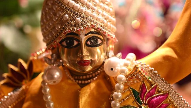 Altar in the Hare Krishna temple, close up. Deities. Home altar for deity worship.