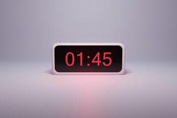 3d alarm clock displaying current time with hour and minute 01.45 1 am - Digital clock with red numbers - Time to wake up, attend meeting or appointment - Ring bounce alarm clock background image