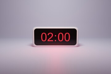 3d alarm clock displaying current time with hour and minute 02.00 2 am - Digital clock with red numbers - Time to wake up, attend meeting or appointment - Ring bounce alarm clock background image