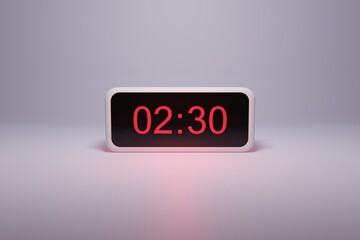 3d alarm clock displaying current time with hour and minute 02.30 2 am - Digital clock with red numbers - Time to wake up, attend meeting or appointment - Ring bounce alarm clock background image