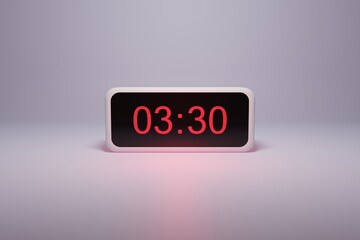 3d alarm clock displaying current time with hour and minute 03.30 3 am - Digital clock with red numbers - Time to wake up, attend meeting or appointment - Ring bounce alarm clock background image