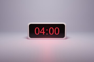 3d alarm clock displaying current time with hour and minute 04.00 4 am - Digital clock with red numbers - Time to wake up, attend meeting or appointment - Ring bounce alarm clock background image