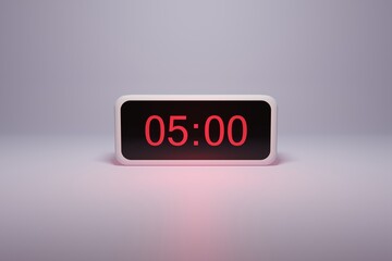 3d alarm clock displaying current time with hour and minute 05.00 5am - Digital clock with red numbers - Time to wake up, attend meeting or appointment - Ring bounce alarm clock background image