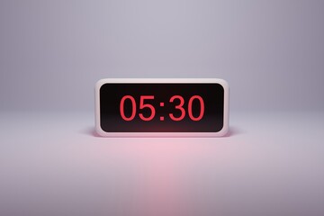 3d alarm clock displaying current time with hour and minute 05.30 5am - Digital clock with red numbers - Time to wake up, attend meeting or appointment - Ring bounce alarm clock background image