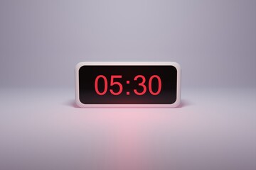3d alarm clock displaying current time with hour and minute 05.30 5am - Digital clock with red numbers - Time to wake up, attend meeting or appointment - Ring bounce alarm clock background image