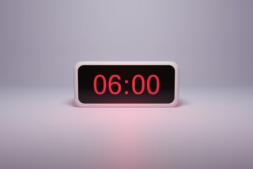 3d alarm clock displaying current time with hour and minute 06.00 6 am - Digital clock with red numbers - Time to wake up, attend meeting or appointment - Ring bounce alarm clock background image - obrazy, fototapety, plakaty