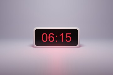 3d alarm clock displaying current time with hour and minute 06.15 - Digital clock with red numbers - Time to wake up, attend meeting or appointment - Ring bounce alarm clock background image