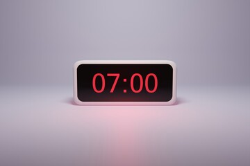 3d alarm clock displaying current time with hour and minute 07.00 7 am- Digital clock with red...