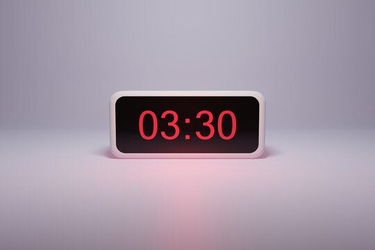 3d alarm clock displaying current time with hour and minute 03.30 3 am - Digital clock with red numbers - Time to wake up, attend meeting or appointment - Ring bounce alarm clock background image