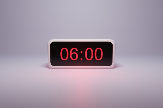3d alarm clock displaying current time with hour and minute 06.00 6 am - Digital clock with red numbers - Time to wake up, attend meeting or appointment - Ring bounce alarm clock background image