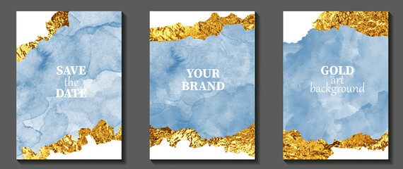 Blue and gold watercolor art vector set. Gold luxury background for cover design. Vector texture. Hand drawn template for luxury cover, wallpaper, invite card, flyers, print.