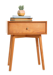 Wooden bedside table with houseplant and books on white background